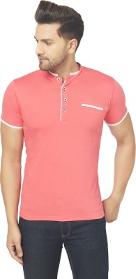 Adorbs Solid Men Mandarin Collar Pink T-Shirt