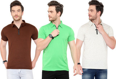 Tivy Solid Men Polo Neck White, Brown, Light Green T-Shirt