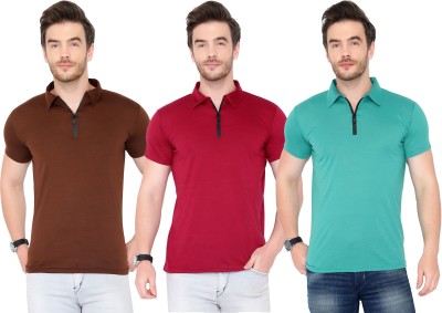 Tivy Solid Men Polo Neck Brown, Maroon, Light Green T-Shirt