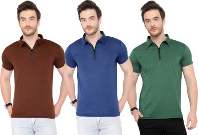 Tivy Solid Men Polo Neck Green, Brown, Blue T-Shirt