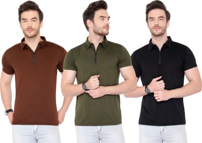 Tivy Solid Men Polo Neck Green, Brown, Black T-Shirt