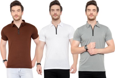 Adorbs Solid Men Polo Neck White, Brown, Grey T-Shirt