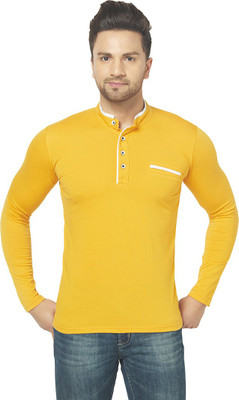 Jaskart Solid Men Mandarin Collar Yellow T-Shirt