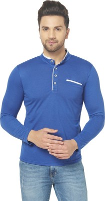 Unite Wear Solid Men Mandarin Collar Blue T-Shirt
