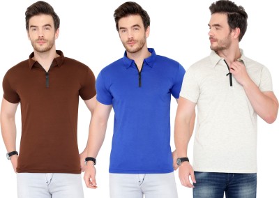 Tivy Solid Men Polo Neck White, Brown, Blue T-Shirt