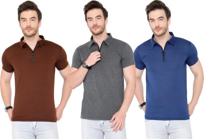 Tivy Solid Men Polo Neck Brown, Blue, Grey T-Shirt