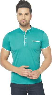 Adorbs Solid Men Mandarin Collar Light Green T-Shirt