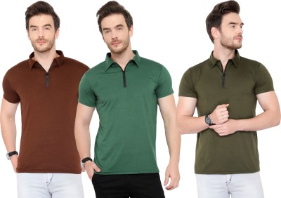 Adorbs Solid Men Polo Neck Dark Green, Brown T-Shirt