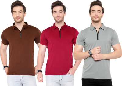 Adorbs Solid Men Polo Neck Red, Brown, Grey T-Shirt