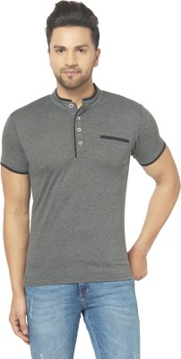 Jangoboy Solid Men Mandarin Collar Grey T-Shirt