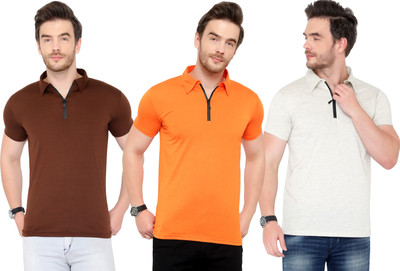 Adorbs Solid Men Polo Neck Brown, Orange, Grey T-Shirt