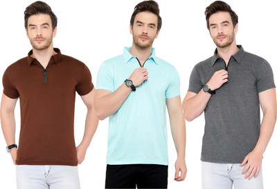 Tivy Solid Men Polo Neck Light Blue, Brown, Grey T-Shirt