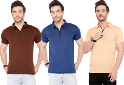 Adorbs Solid Men Polo Neck Brown, Blue, Orange T-Shirt