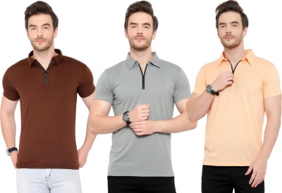 Tivy Solid Men Polo Neck Brown, Pink, Grey T-Shirt