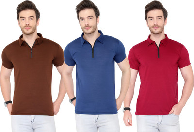 Adorbs Solid Men Polo Neck Dark Blue, Maroon, Brown T-Shirt