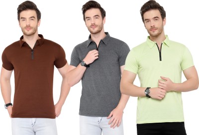 Adorbs Solid Men Polo Neck Brown, Grey, Light Green T-Shirt