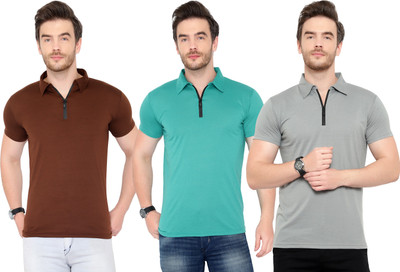 Tivy Solid Men Polo Neck Brown, Blue, Grey T-Shirt