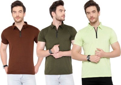 Tivy Solid Men Polo Neck Dark Green, Brown, Light Green T-Shirt