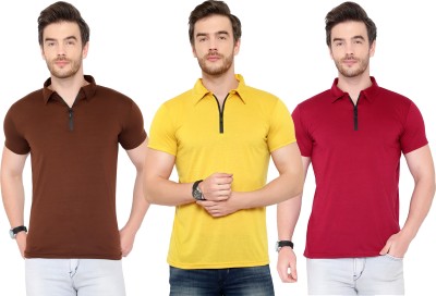 Adorbs Solid Men Polo Neck Brown, Maroon, Yellow T-Shirt