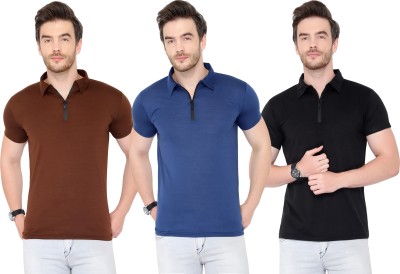 Tivy Solid Men Polo Neck Dark Blue, Brown, Black T-Shirt