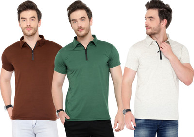 Adorbs Solid Men Polo Neck Dark Green, Brown, Grey T-Shirt