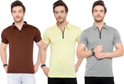 Tivy Solid Men Polo Neck Brown, Grey, Yellow T-Shirt