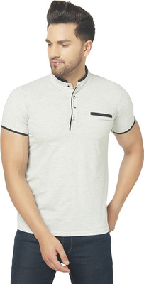 Adorbs Solid Men Mandarin Collar Grey T-Shirt