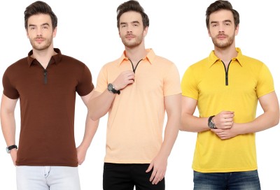 Tivy Solid Men Polo Neck Brown, Orange, Yellow T-Shirt