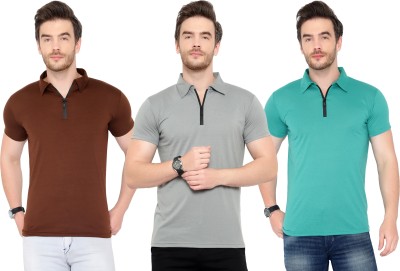 Adorbs Solid Men Polo Neck Brown, Grey, Light Green T-Shirt