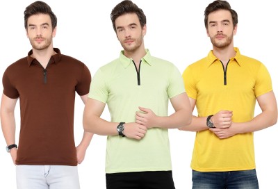 Tivy Solid Men Polo Neck Brown, Light Green, Yellow T-Shirt