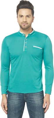 Jaskart Solid Men Mandarin Collar Light Green T-Shirt