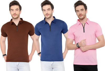 Adorbs Solid Men Polo Neck Dark Blue, Brown, Pink T-Shirt