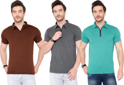 Adorbs Solid Men Polo Neck Brown, Grey, Light Green T-Shirt