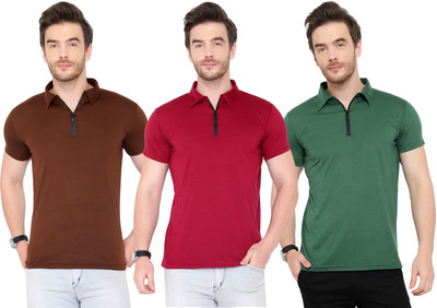 Adorbs Solid Men Polo Neck Dark Green, Brown, Maroon T-Shirt