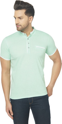 Adorbs Solid Men Mandarin Collar Light Green T-Shirt