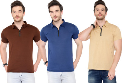 Adorbs Solid Men Polo Neck Dark Blue, Brown, Beige T-Shirt