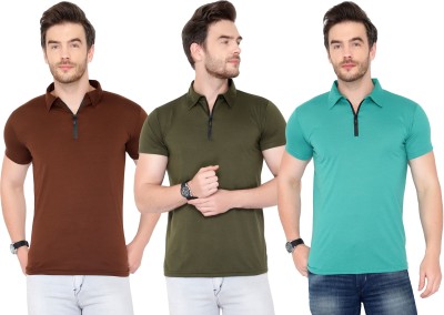 Tivy Solid Men Polo Neck Dark Green, Light Blue, Brown T-Shirt
