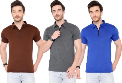 Tivy Solid Men Polo Neck Brown, Blue, Grey T-Shirt