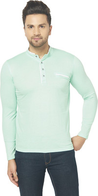 Adorbs Solid Men Mandarin Collar Light Green T-Shirt