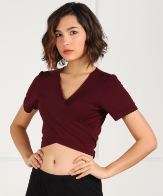 MONTREZ Casual Short Sleeve Solid Women Maroon Top