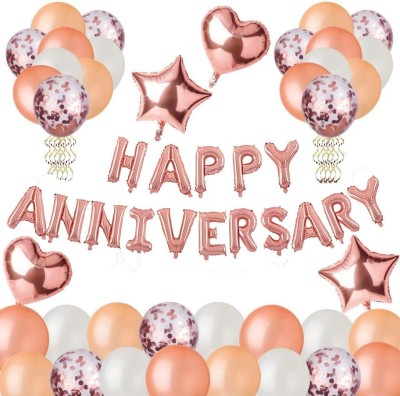 Wisdom Decor Solid Happy Anniversary Decoration (Set Of 60Pcs) Party Happy Anniversary Balloon,16-inch Happy Anniversary Foil Banner,30 HD Metallic Balloons Rose gold,White,10 Confetti Balloons,2Star Foil,2 Heart Foil Rose Gold for Anniversary Party Decoration. Balloon(Multicolor, Pack of 60)