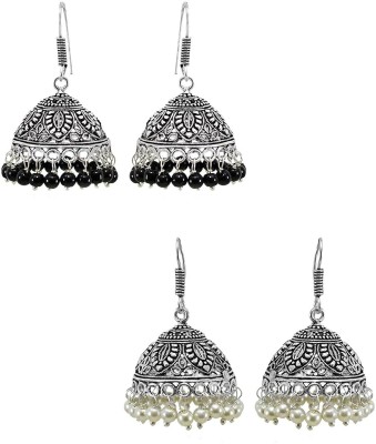 Haniya Bollywood Oxidised Silver plated Combo of Black & White beaded hook drop jhumka jhumki Earrings jewelry women Pearl German Silver Jhumki Earring