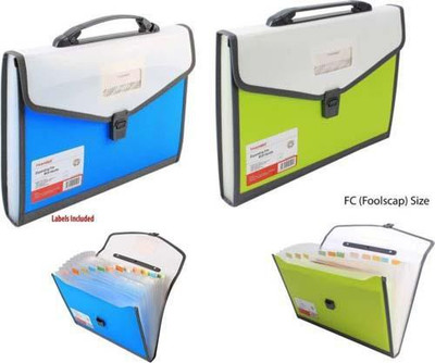Greeshma PP PP Expanding File Folder with 13 Section Pockets, FC Size,(Set Of 2, Blue, Green)