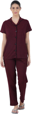 Sevnix Women Solid Maroon Night Suit Set