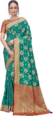 Sariya Woven Banarasi Silk Blend, Jacquard Saree(Red, Light Green)