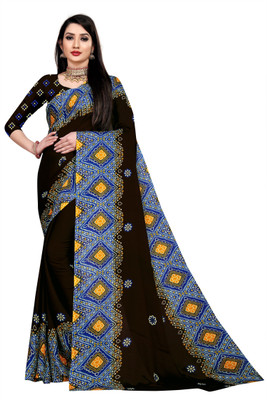 sareya veela Printed Bandhani Cotton Blend Saree(Blue, Brown)