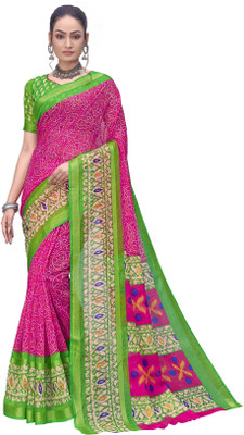 Sariya Printed Bandhani Cotton Silk Saree(Green, Pink)