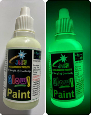 Jash Night Glow Paint Night Glow paint 50gm Yellow-Green. Our water base Acrylic glow paint can be easily applied on multiple surfaces, dries fast, Glow time: 8-12hours.