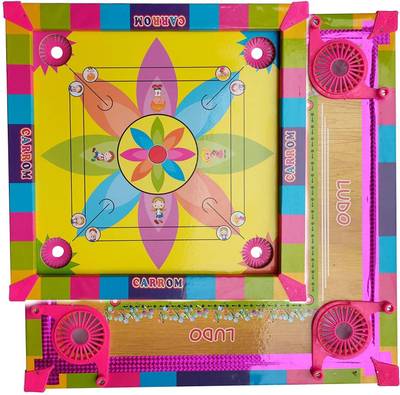 Pseudo Big Size Colorful Carrom Board for Kids with Fully Wooden Material. | 4 Extra Games lodo, chess, Snakes and Ladders, junggle | Smooth Playing Surface. Portable Game for Kids (carraom with along 4 more games) 52CM Carrom Board Board Game