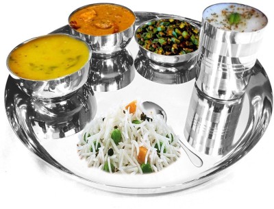 Omkar Enterprises Pack of 6 Stainless Steel Stainless Steel Thali Set | Dinner Plates Thali Set | Dinner Thali Dinner Set(Silver, Microwave Safe)